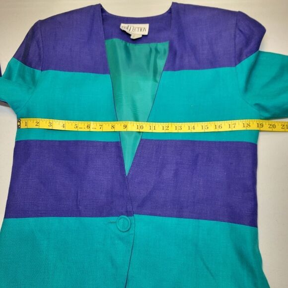 Linda Lewis Vintage Linen Blue and Teal Women's Longline Blazer Jacket - Picture 9 of 10